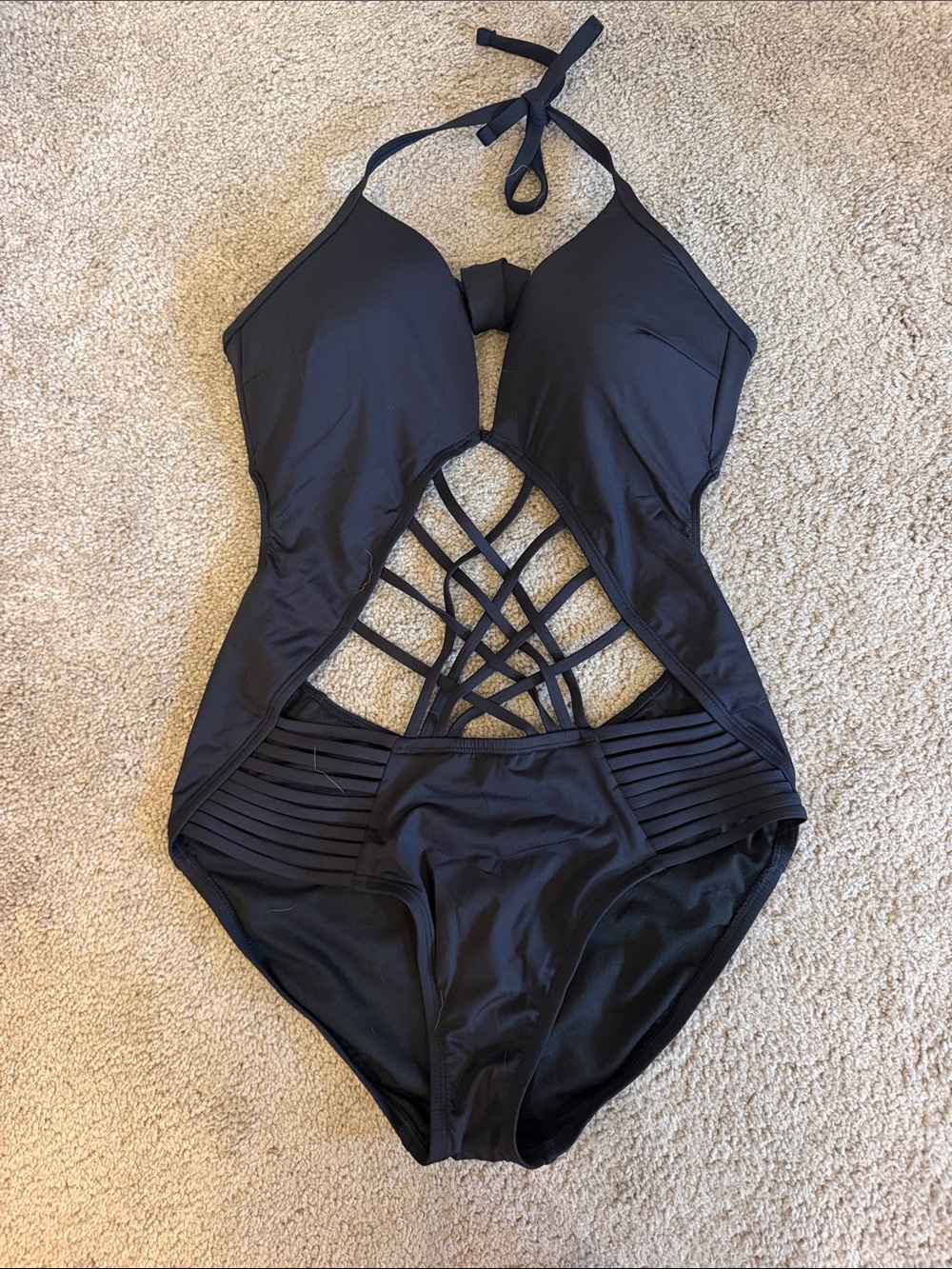 Kenneth Cole Black Halter One-Piece Swimsuit with Strappy Lattice